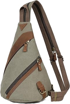 KL928 Canvas Sling Bag for Men Women, Genuine Leather Design Shoulder Crossbody Bags Backpacks Travel Daypack Olive Green