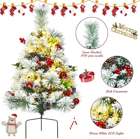 Goplus Set of 2 29 Outdoor Pathway Christmas Trees, Battery Operated Pre-Lit Snow Flocked Xmas Trees with 30 Warm White LED Lights, 8 Light Modes, Pine Trees for Porch Driveway Yard Garden Decor