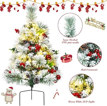Goplus Set of 2 29 Outdoor Pathway Christmas Trees, Battery Operated Pre-Lit Snow Flocked Xmas Trees with 30 Warm White LED Lights, 8 Light Modes, Pine Trees for Porch Driveway Yard Garden Decor