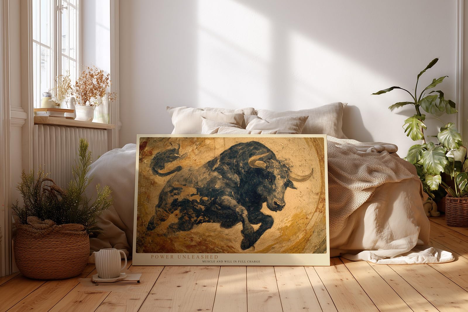 Paul Sinus Wandbild 120x80cm kraftvoller Stier abstrakte Tierkunst in warmen Braun Gold Toenen dynamische Leinwand Wanddekoration modernes Kunstbild fuer Wohnzimmer Büro
