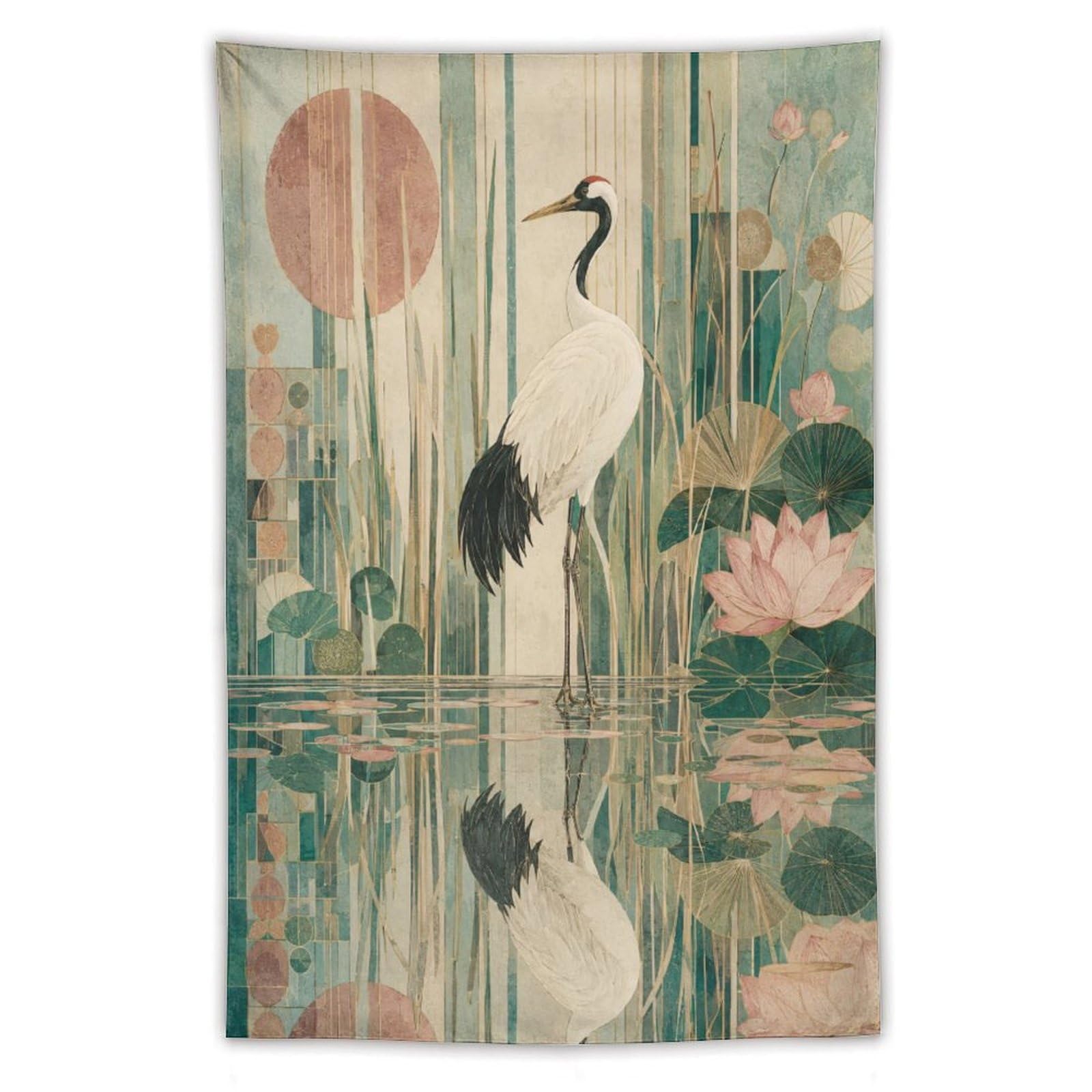 W7C8U2X3 Cranes in Lotus Pond Wall Tapestry, Asian Ink Style, Sofa Area