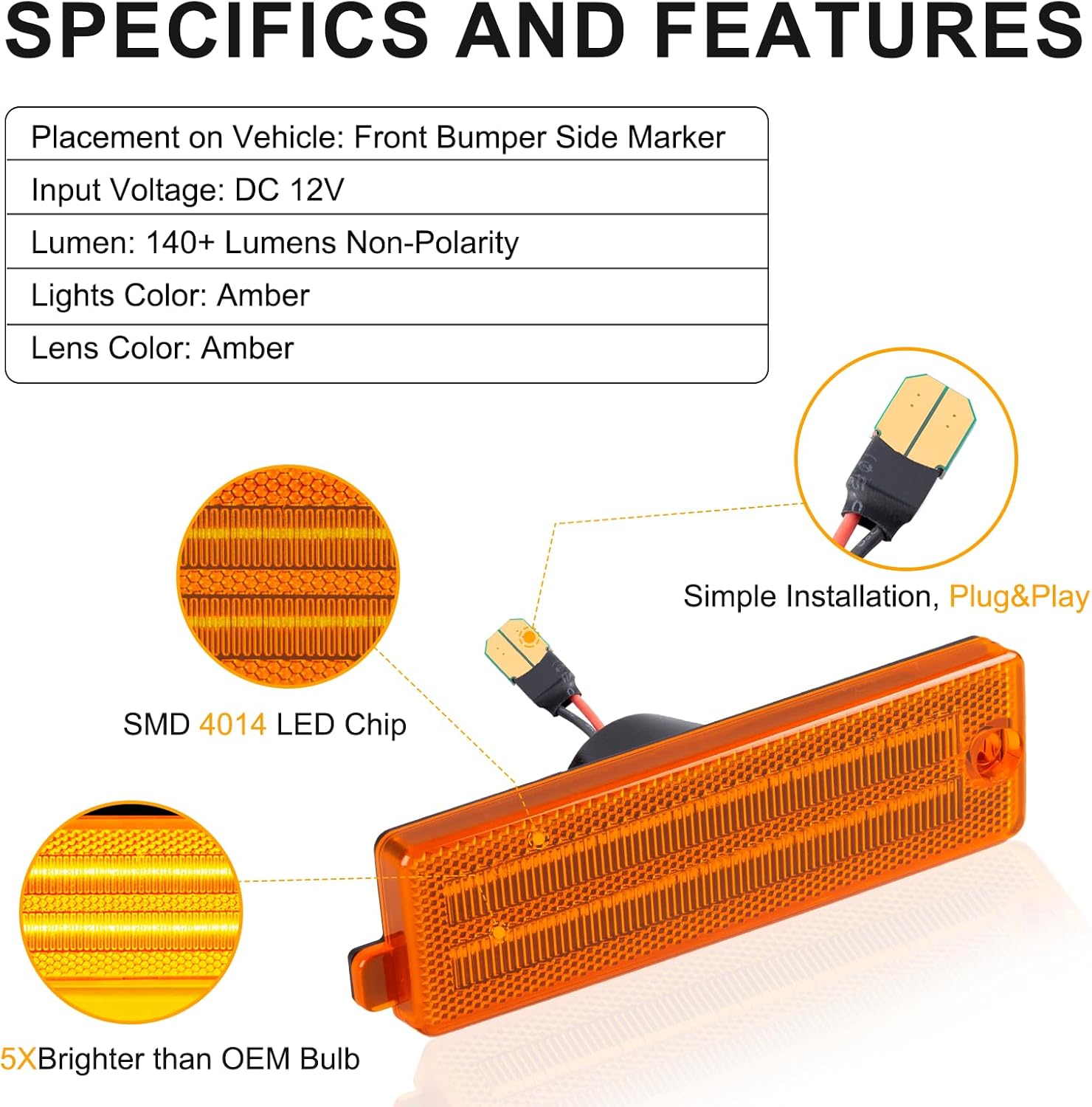 litzland Front Bumper LED Side Marker Lights Compatible with Pontiac Firebird 1998 1999 2000 2001 2002 Amber Lens Side Marker Turn Signal Light