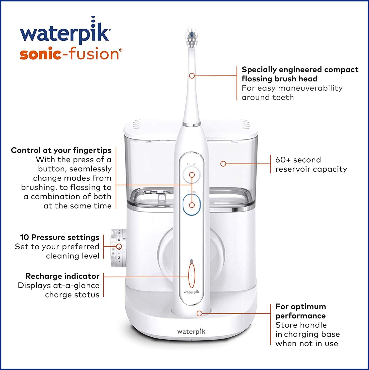 Waterpik White Sonic-Fusion Toothbrush and Heads (Set of 4). Brush and Floss at The Same Time. Soft Bristles Gently Brush While The Water Flosser Removes Plaque and Debris from Teeth and Gumline.