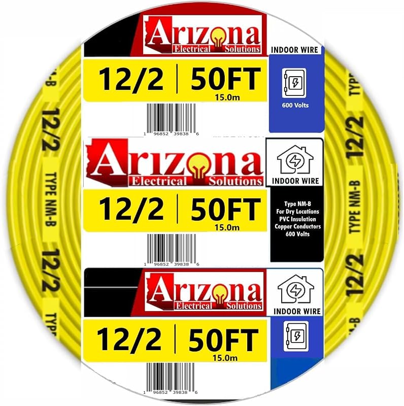 50 FT 12/2 Type NM-B Copper Wire, #12 AWG, 2 Conductors with Ground, Insulated Jacket Yellow
