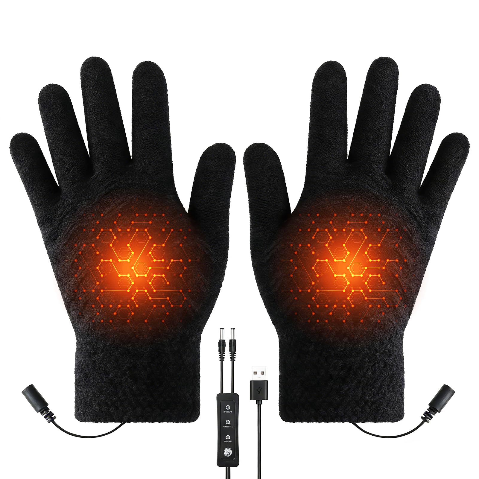 Gants Chauffants USB Antidérapants, 3 Températures Réglables, Gant Chauffant Tactile Pouce/Index, Chauffe Dos de Main & 5 Doigts, Câble 1,5 m 5V Lavables Homme Femme pour Cyclisme, Ski, Extérieur
