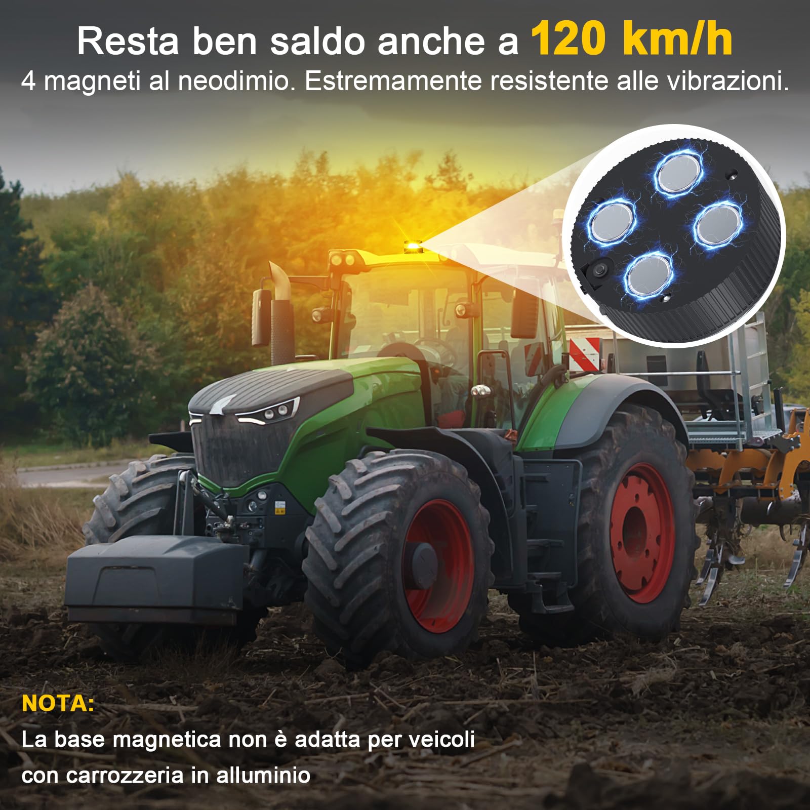 Lampeggiante LED Auto Magnetico Ricaricabile, 32 LED Arancione, USB-C & Impermeabile IP67, 8 Modalità Flash & Visibilità 200m per Camion, Trattore, Muletto, Rimorchio & Emergenza