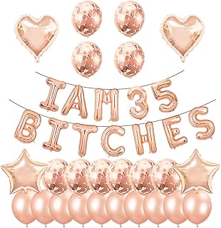 Santonila 35th Birthday Party Set-I am 35 Bitches Funny Banner Confetti Rose Gold Balloons for Girls and Women and Women and Women 35 Years Old Birthday Decorations