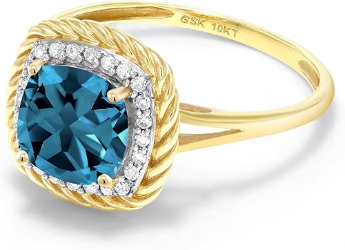 Miniatura 4 de Gem Stone King Anillo de compromiso de oro amarillo de 10 quilates con piedra natal y diamante blanco Cojín de 0.276 in Anillo de oro de