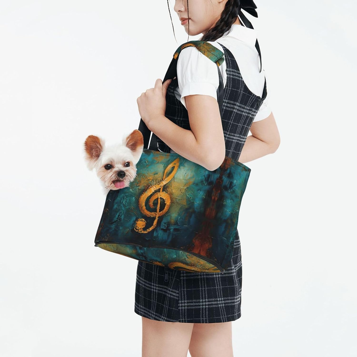 Music Symbol Print Portable Foldable Shoulder Bag for Travel,with Collar Hook and Handle Pad,Cute Stylish Design
