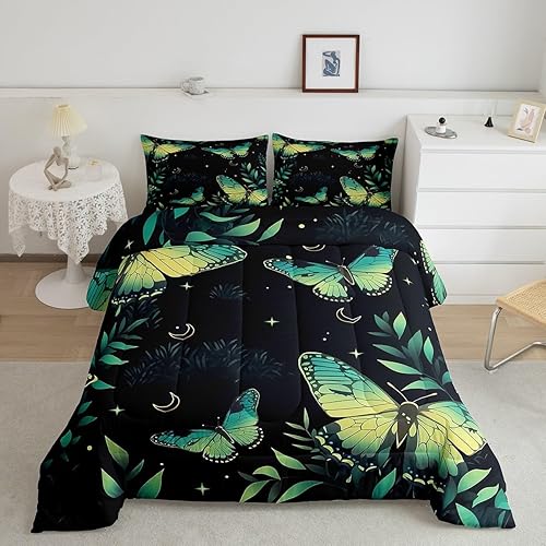 Erosebridal Juego de edredón de polilla gótica tamaño Queen, edredón y juegos de ropa de cama con purpurina y estrellas y luna, edredón de hojas