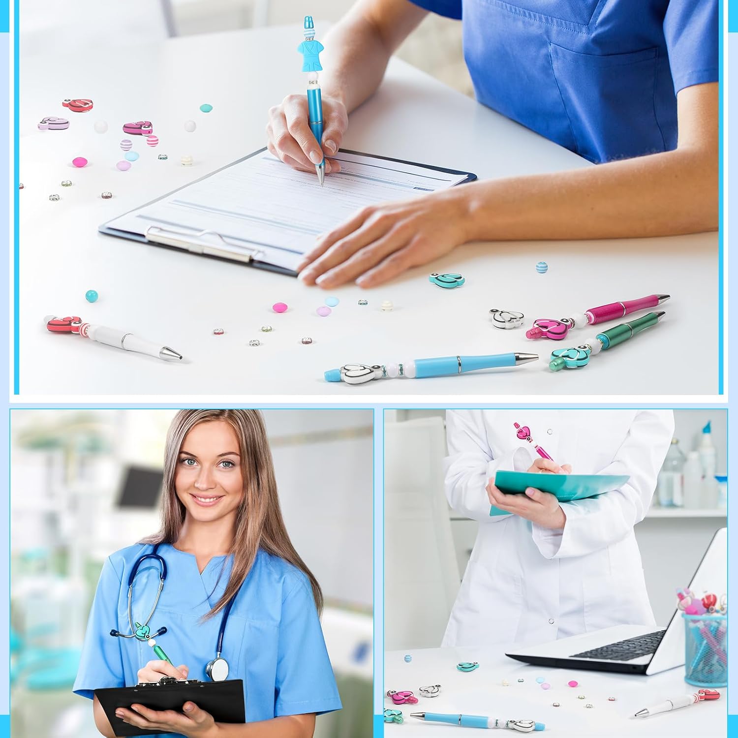 Colarr 24 Pcs Nurse Beadable Pens Bulk with 130 Pcs Multicolor Ballpoint Beads Assorted Spacer Beads Gown Stethoscope DIY Craft Kits for School Nurse CNA Week 2026 Teacher Appreciation Gift