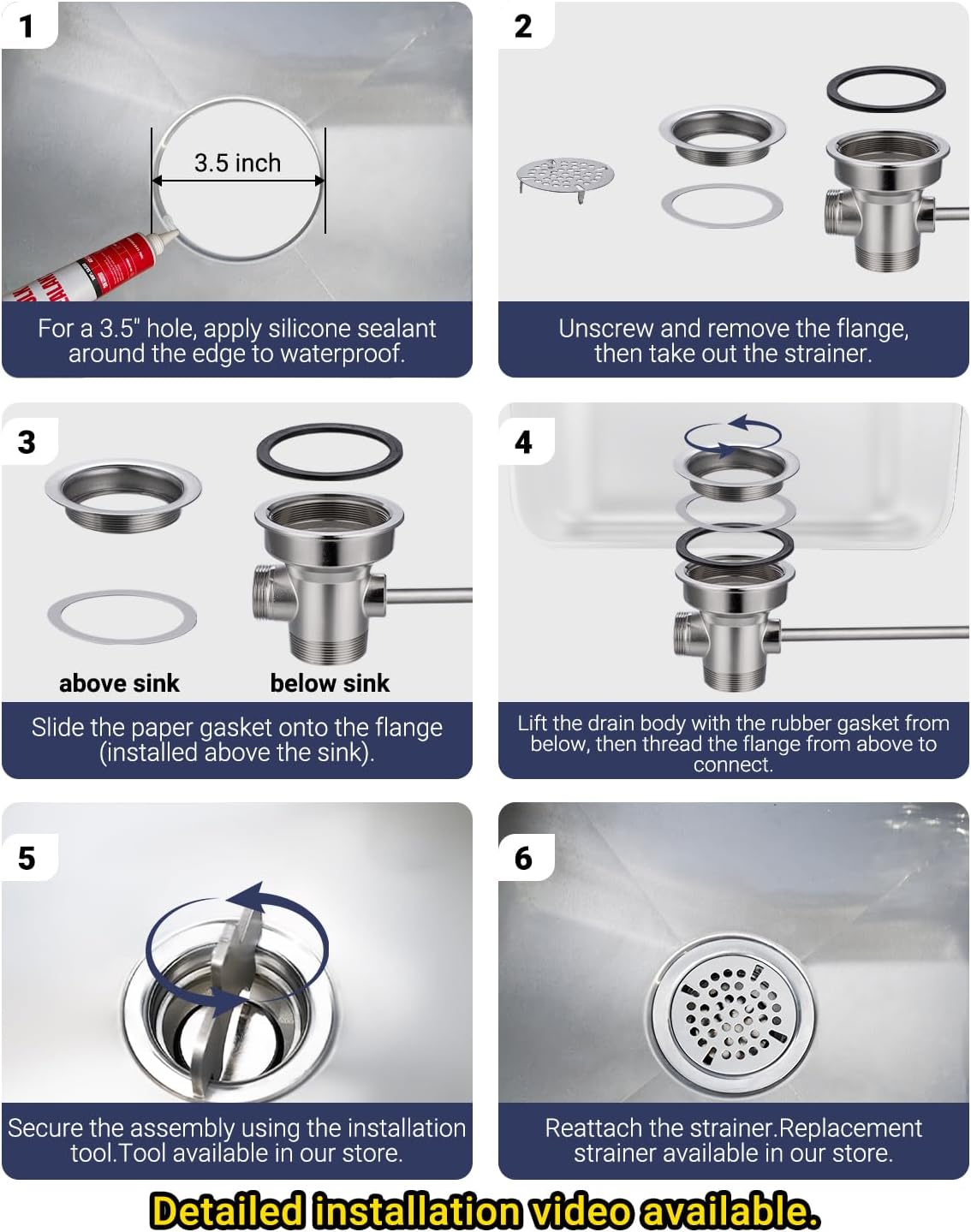 3-1/2" Commercial Sink Drain with Twist Lever Handle, Waste Drain Valve with Overflow Inlet for Restaurant 2/3 Compartment Sink, Easy Controll, Block-Free and Leakproof