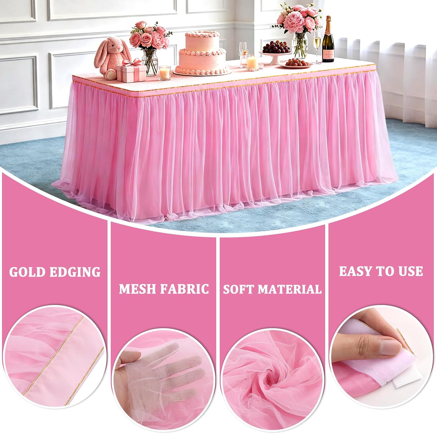 2 Layer 6 ft Rectangle Pink Tulle Table Skirts (No Table Cover)