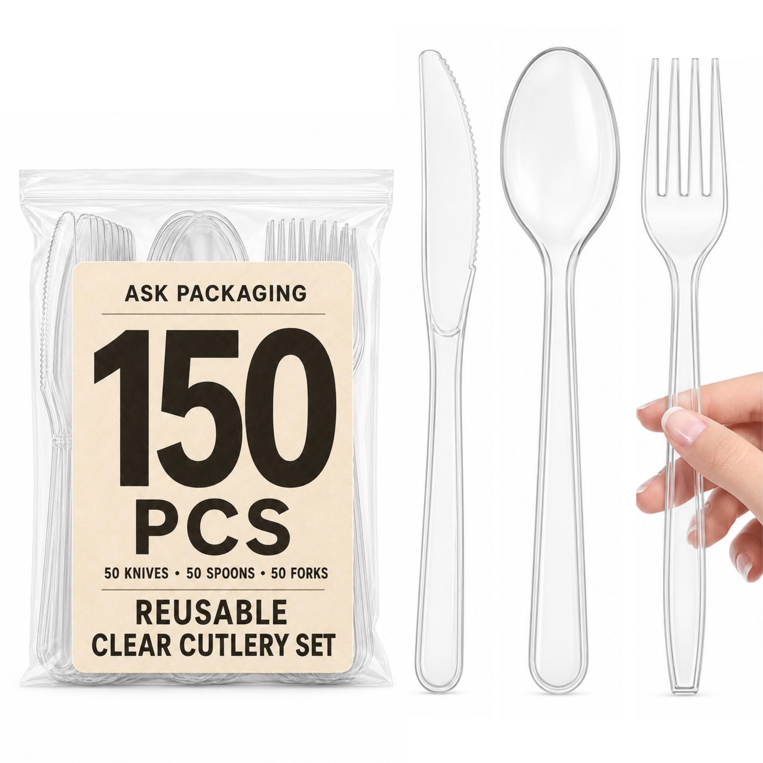 150 Pcs Heavy Duty Clear Reusable Cutlery Set – Dishwasher Safe