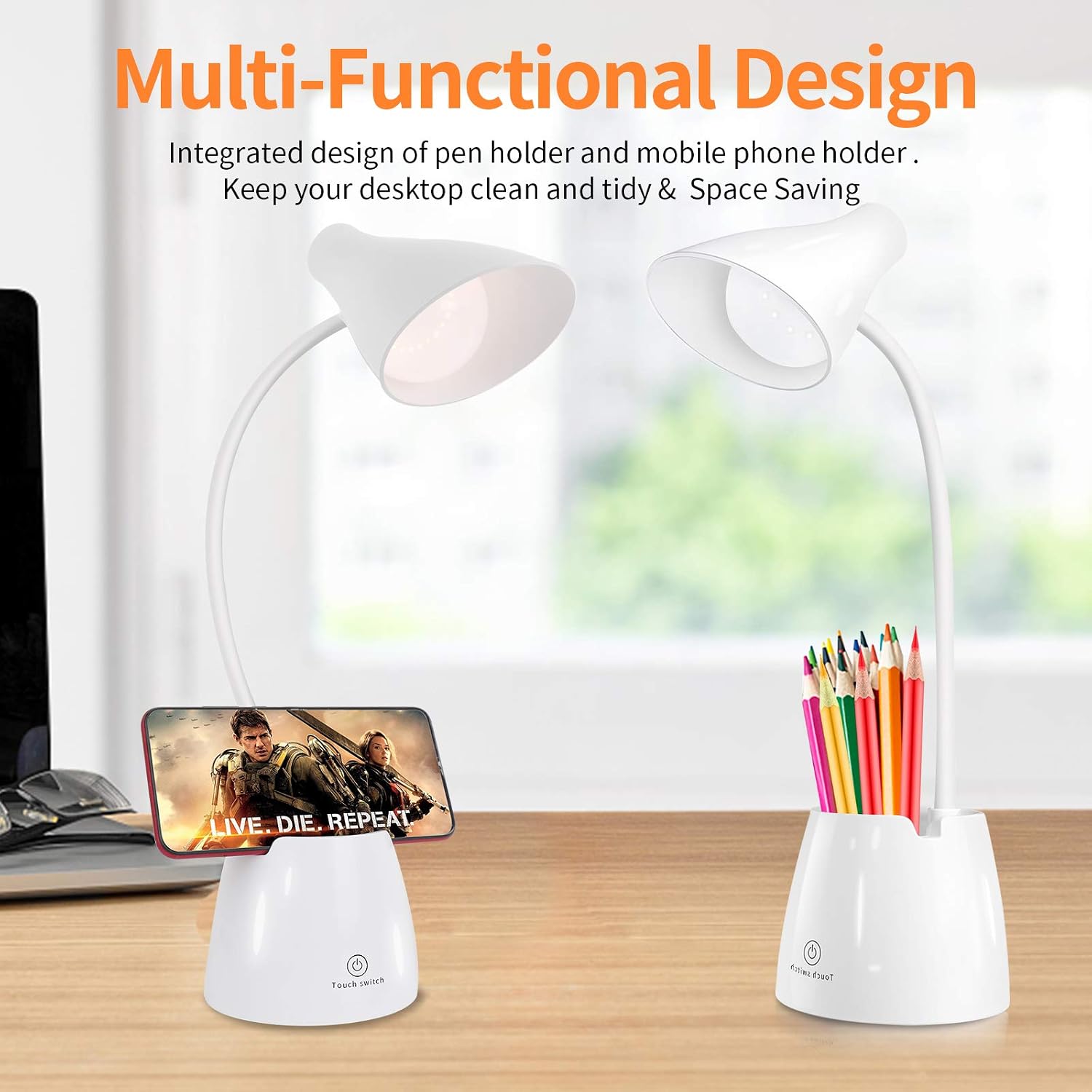 Desk Lamp, LED Desk Light with 3 Color Modes, Eye Protection Dimmable Desk Lamp with Pen Holder and Phone Stand, 360° Flexible Study Lamp for Study Bedroom and Office