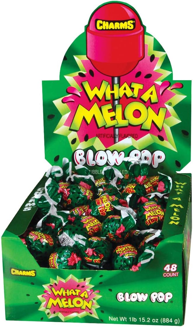Charms Blow Pop Lollipops - Individually Wrapped Dual Candy and Gum Suckers - Peanut Free, Gluten Free - Bulk Treat for Kids and Adults – What-A-Melon, 48 Count (Pack of 1)