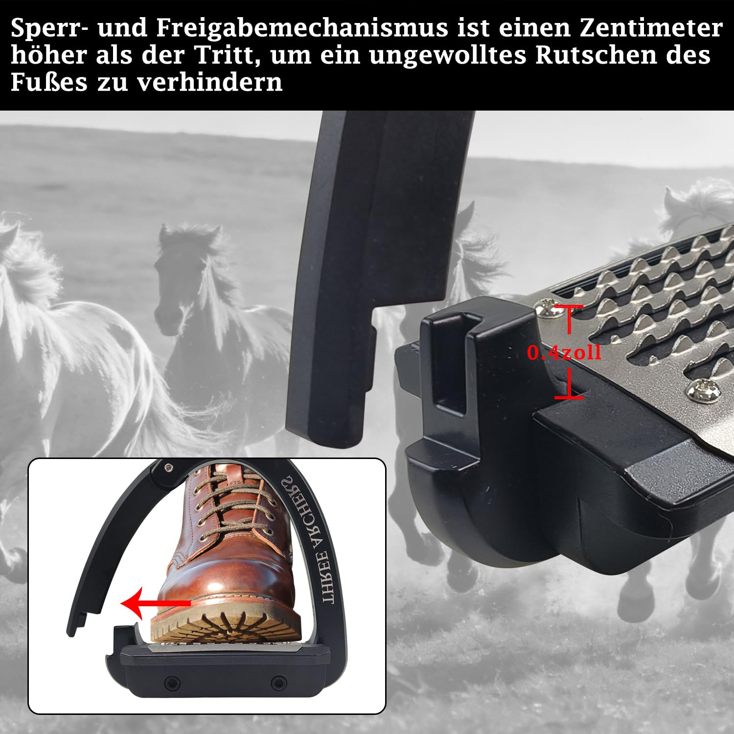THREE ARCHERS Étriers de sécurité pour adultes avec déclenchement latéral, surface de marche inclinée antidérapante en acier inoxydable - Équipement d'équitation pour l'équitation, le dressage, le