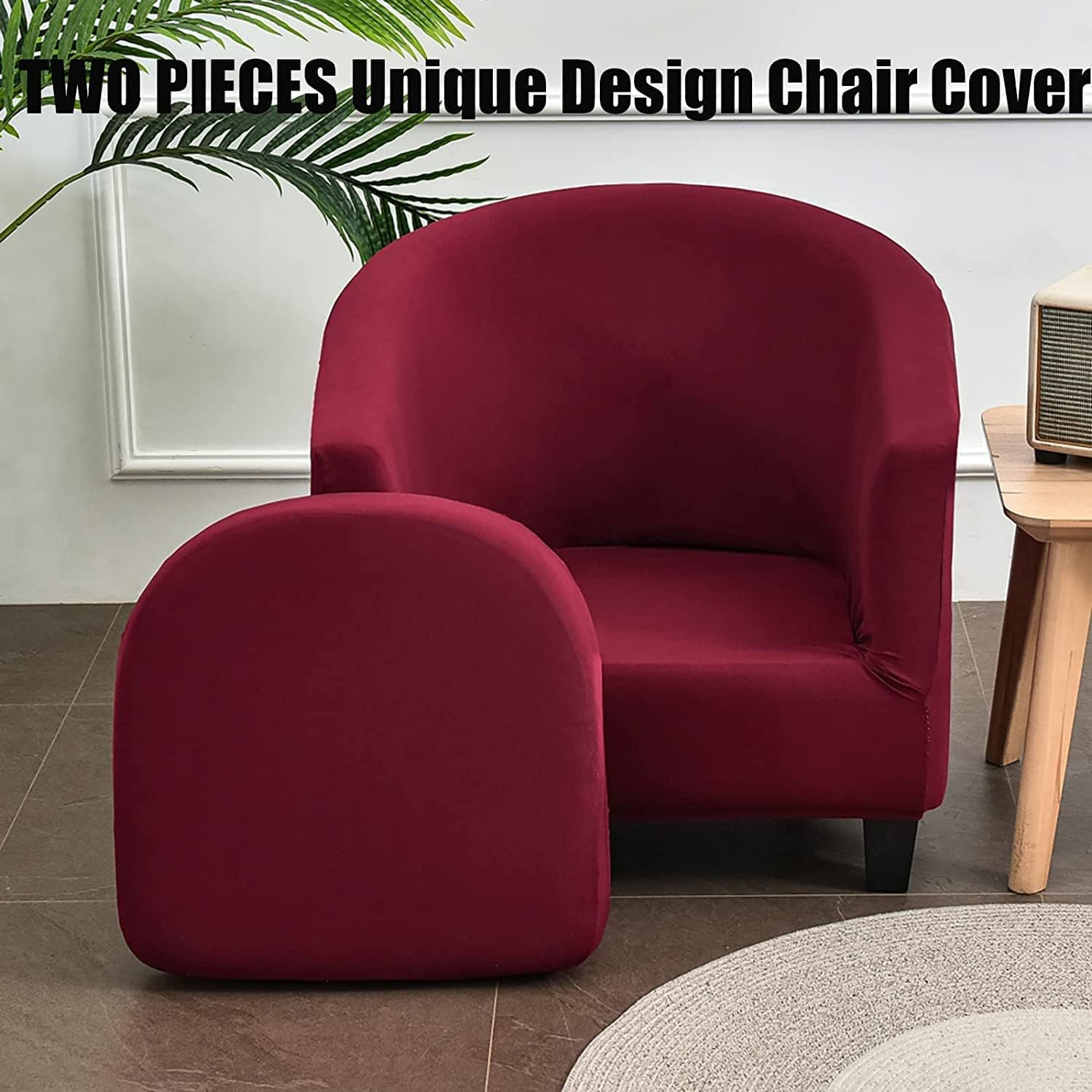 Byforphye Stretch Club Chair Slipcover 2-Piece Tub Chair Cover with Cushion Cover Armchair Covers Soft Round Barrel Chair Covers Couch Covers with Elastic Bottom for Bar Counter Living Room (Wine Red)
