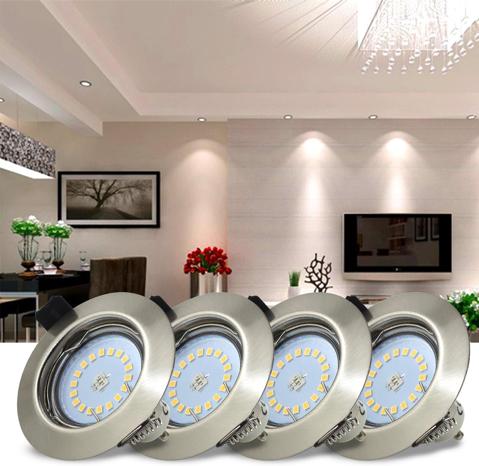 HiBay Spot LED Encastrable GU10,10x 5W Spot Encastré Blanc Neutre 4500k Plafond COB,Trou 68mm,Plafonnier Encastré Inox Brossé 220V Avec GU10 Ampoules,Pour Chambre,Bureau,Cuisine | Spot LED rond avec culot GU10 fixe - Intensité non variable - Pour salon, c