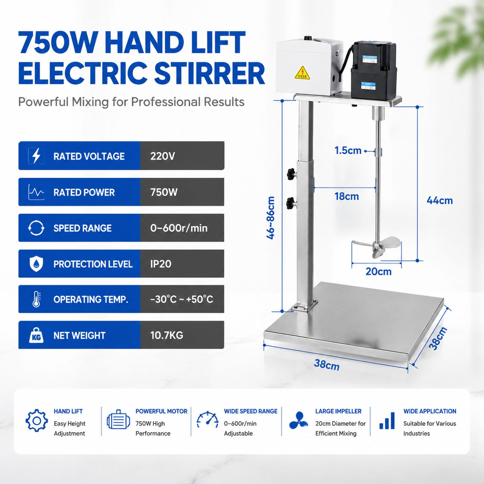 Mezclador Vertical de líquidos con Soporte 750W | Agitador eléctrico, altura ajustable (46-86 cm), control de velocidad (0-600 rpm) y varilla de acero inoxidable
