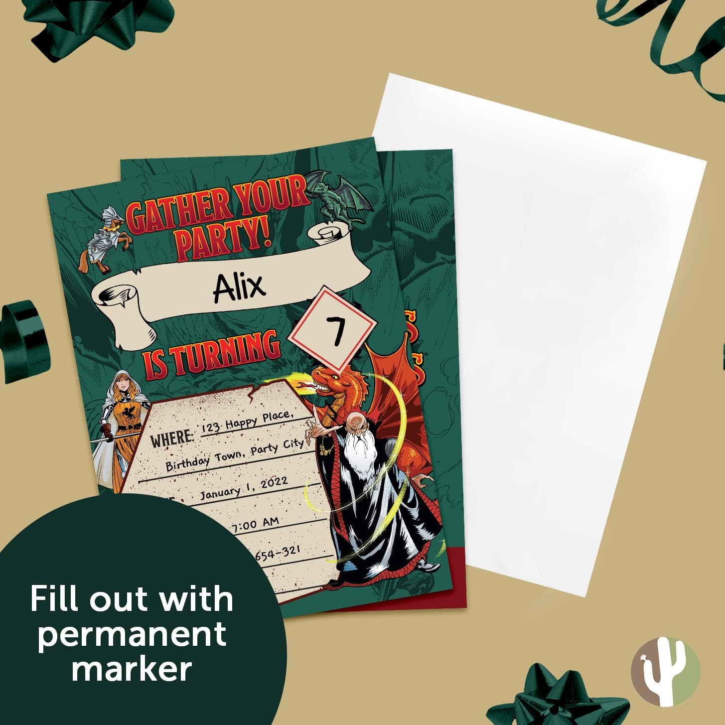 Desert Cactus Dungeons & Dragons Invitations Happy Birthday Cards 10 Count with Envelopes Boys Girls Kids Party (Style D)
