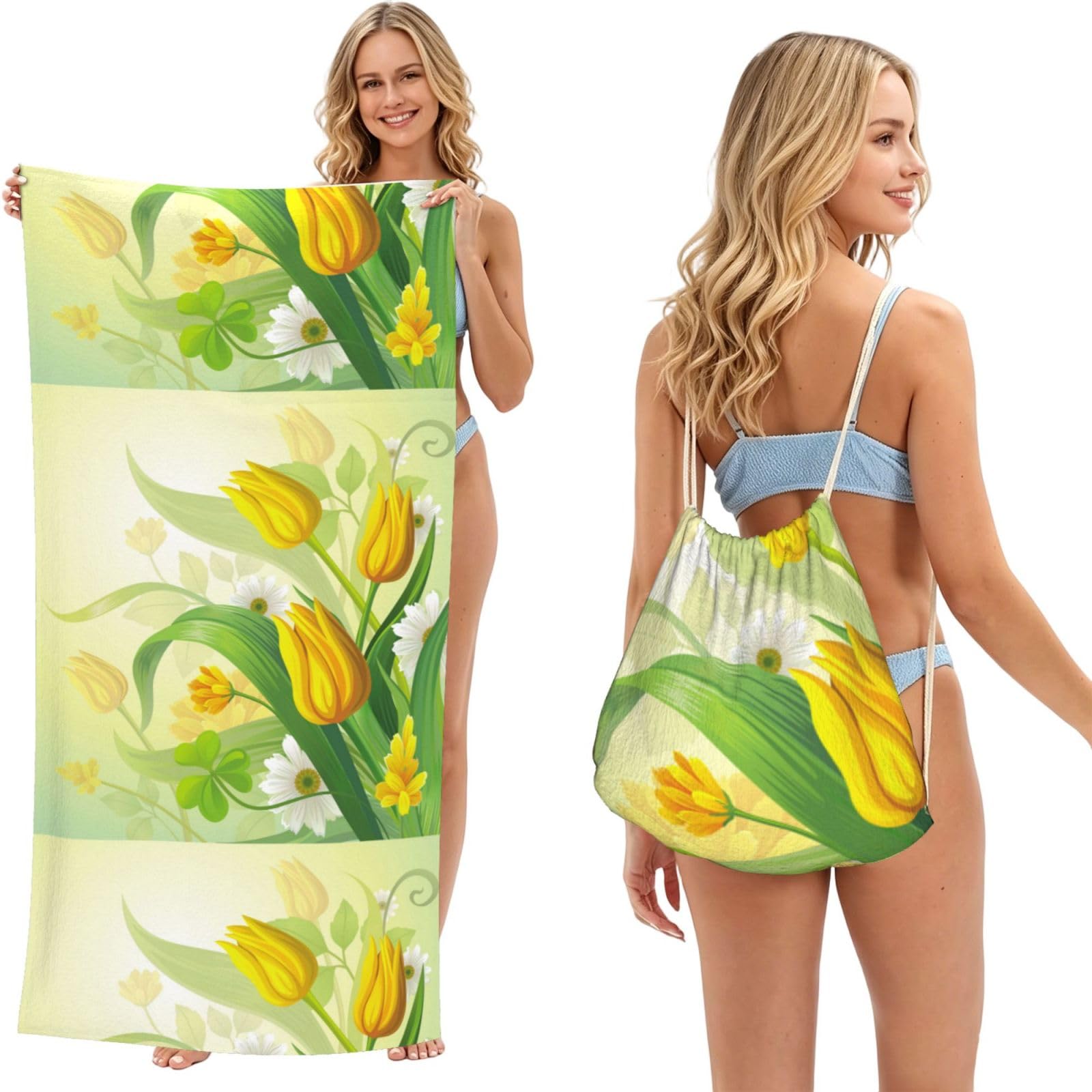 Poadnly As Picture Watercolor Yellow Tulips, 2 In 1 Packable Towel Bag, Beach Towels With Drawstring Backpack For Travel Holiday Camping