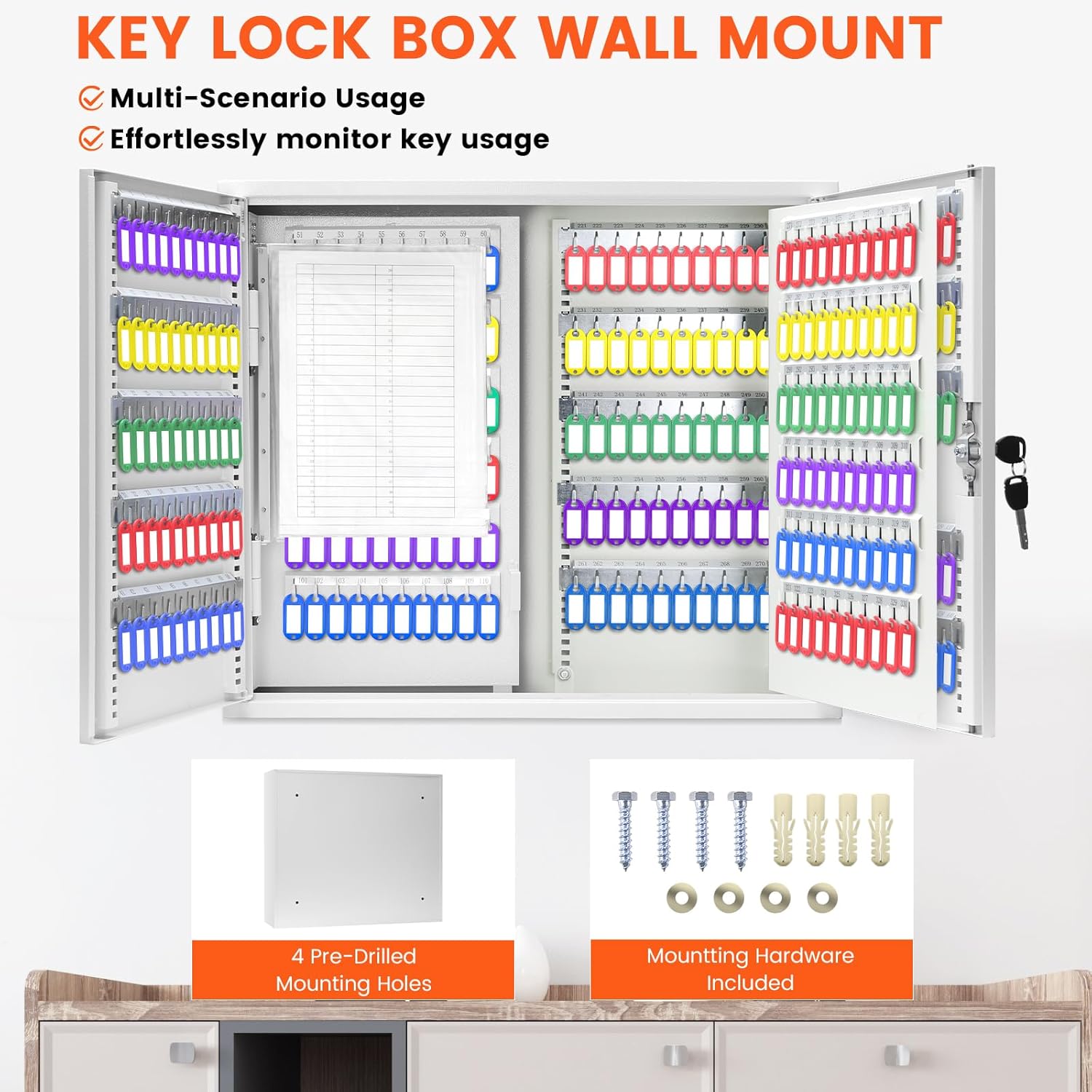 440 Keys Dual-Door Key Lock Box Wall Mount with 20 Adjustable Hook Plates, Numbered Hooks and Tags, Steel Key Cabinet with Index Log, Key Storage Box Key Organizer for Garage Home Office, White