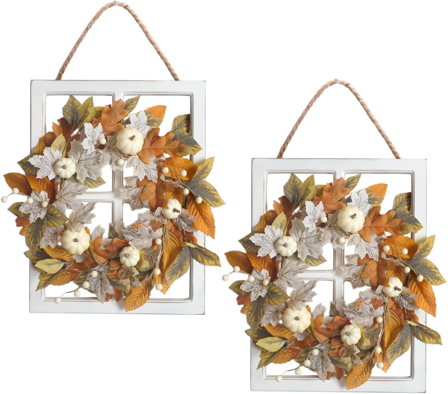 idyllic rustic fall wreaths with window frame, fall front door wreath, hanging distressed white window pane wall decor,inside outside harvest thanksgiving day farmhouse decor
