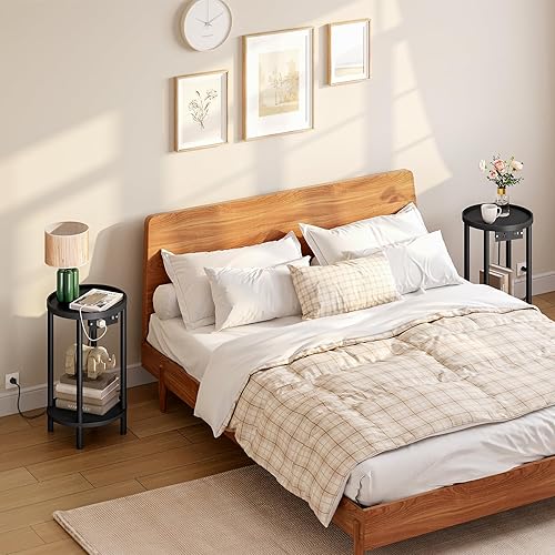 Miniatura 5 de HOOBRO Mesa auxiliar redonda pequeña con estación de carga, mesa auxiliar redonda de bambú de 2 niveles, mesa de noche compacta para espacio