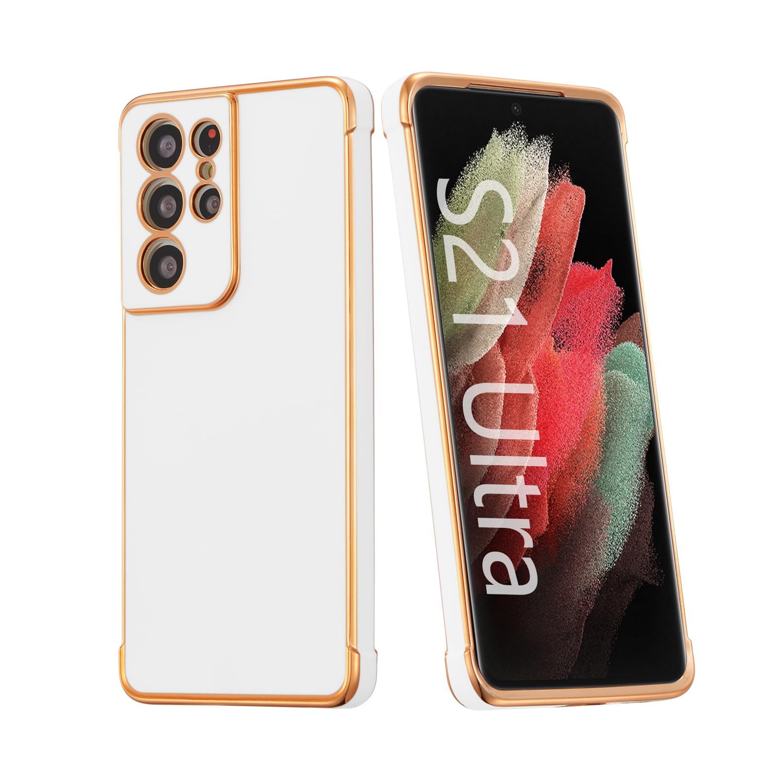 RALEAVO Plating Case for Samsung Galaxy S21 Ultra 5G, Girls & Women Cute Glitter TPU Phone Case Cover Shockproof Silicone Bumper Case for Samsung S21 Ultra-White