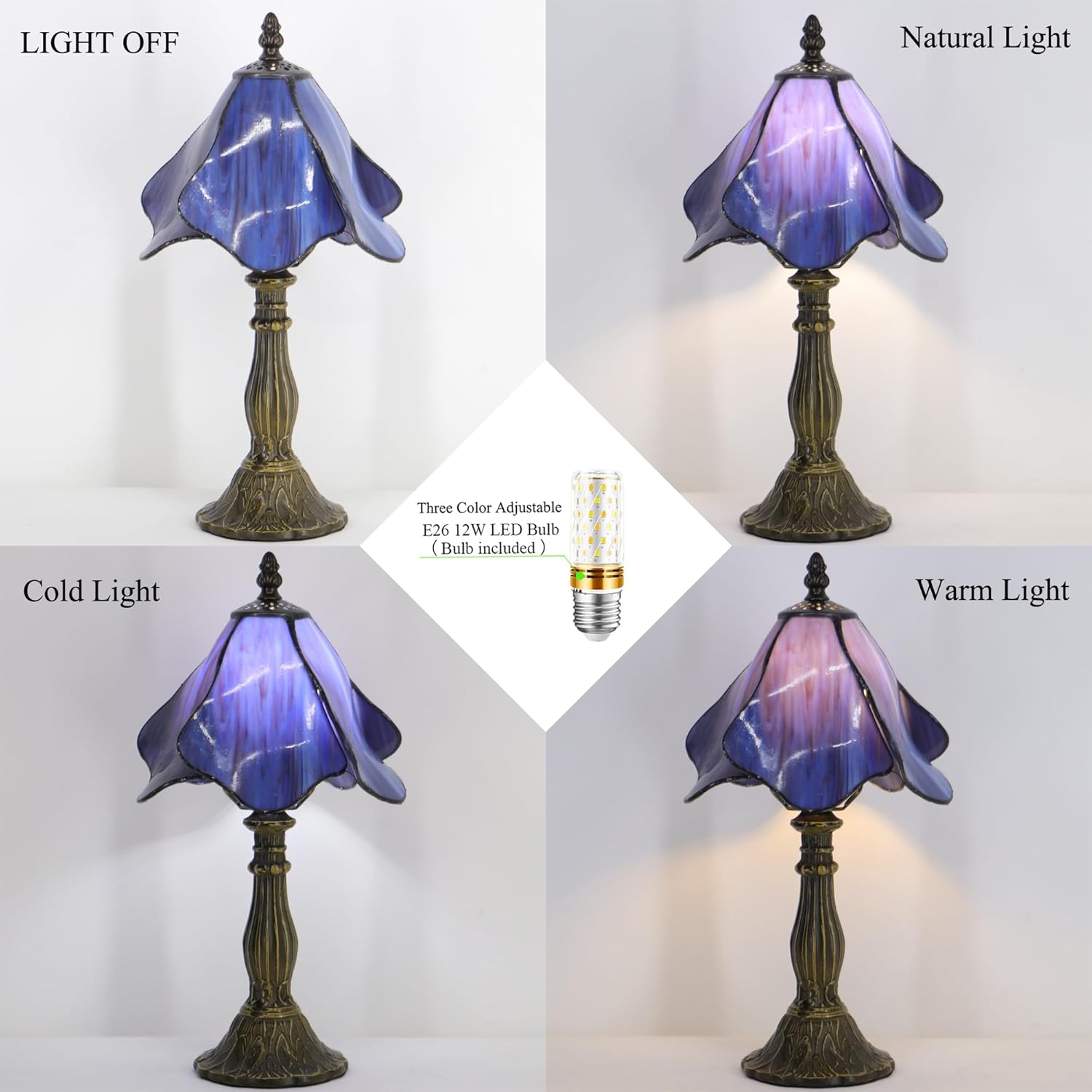 Small Tiffany Lamp Mini Stained Glass Table Lamp Bedside Accent Lamp Memory Sympathy 8X14.5 Inch (Purple)