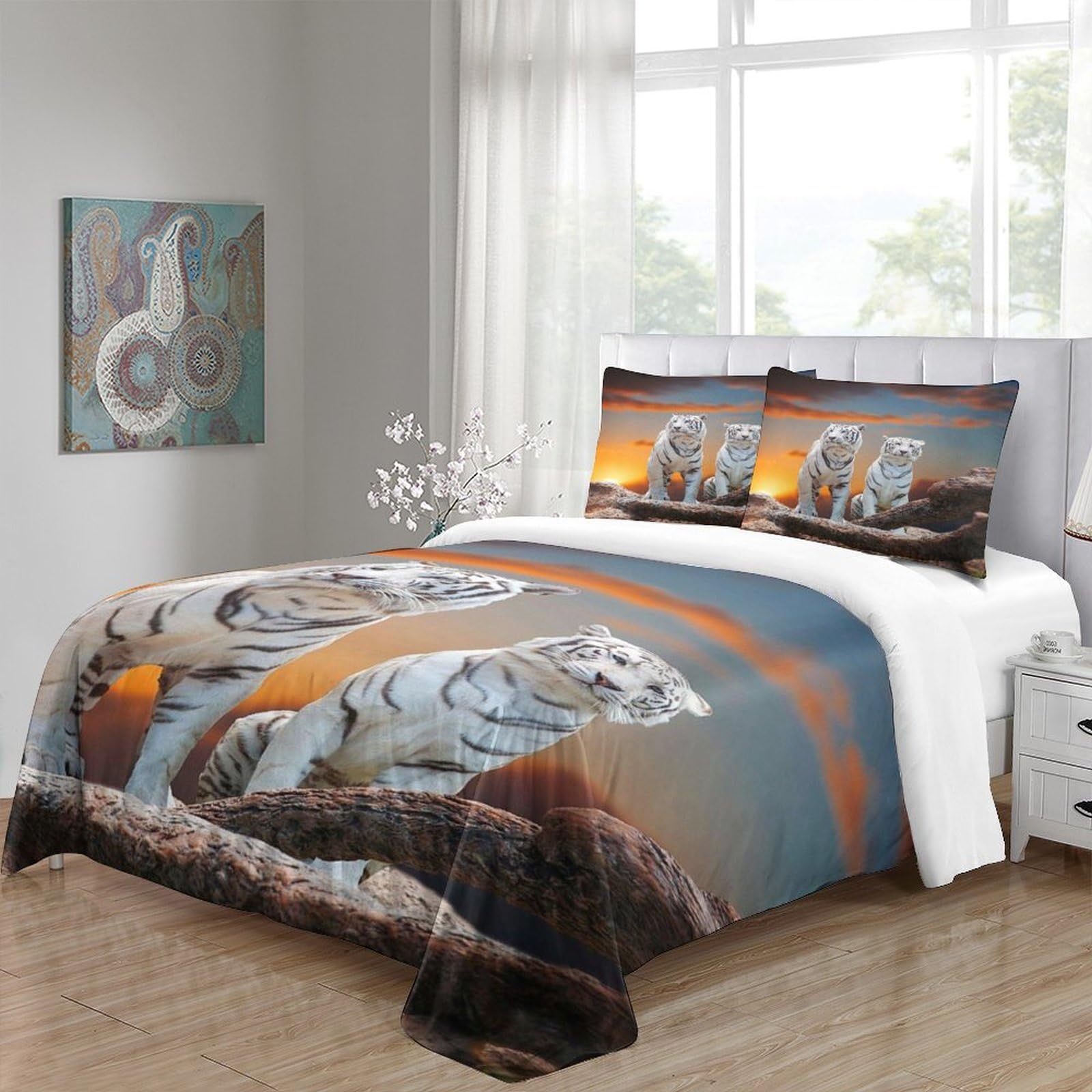 Tigre bianca Microfibra Morbida Copripiumino 3 Pezzi,3D Motivo Animale tigre Copripiumino,Copripiumino E Federe,con Chiusura A Cerniera E Federe Cuscino Per Adulti E Ragazzi doppio（200x200cm）