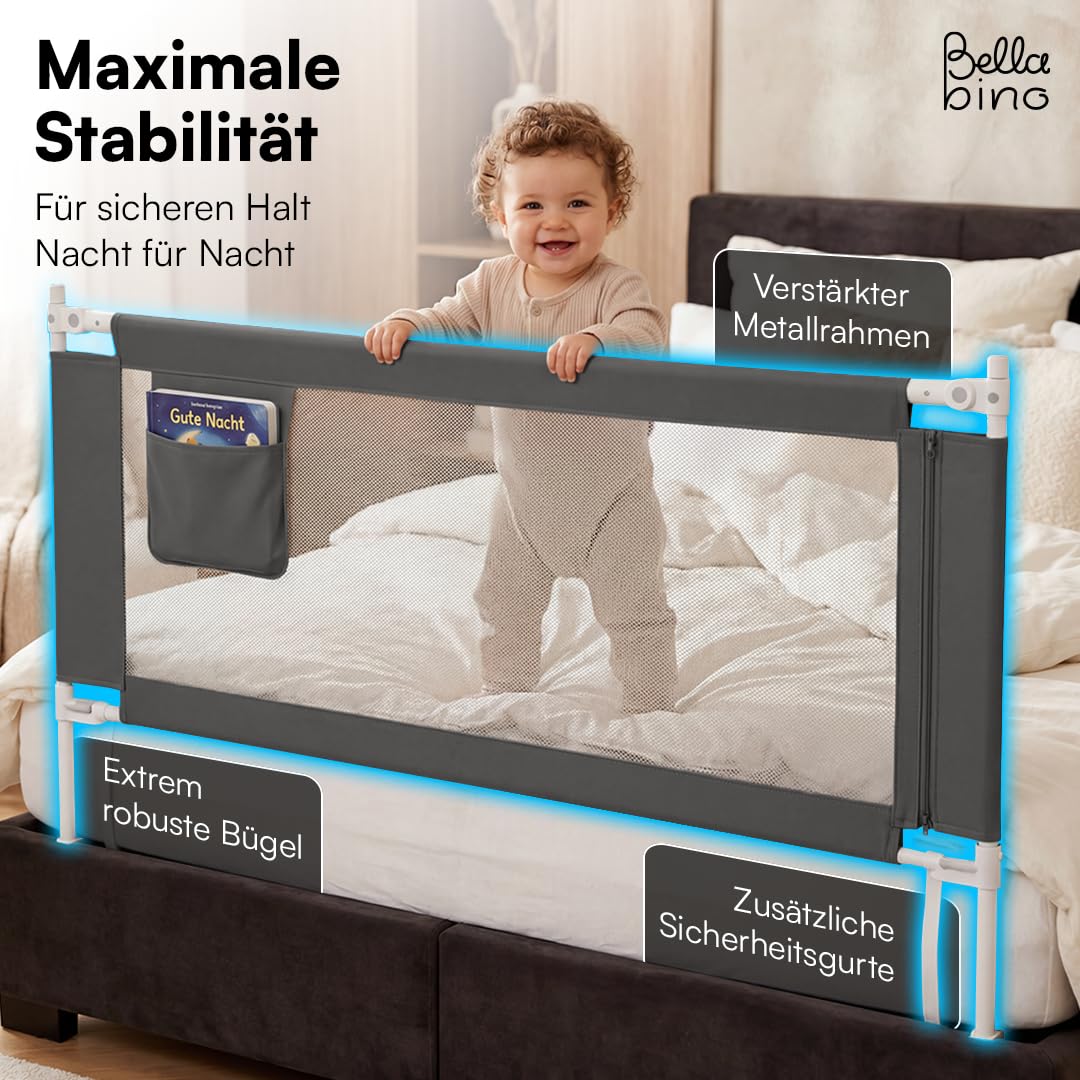 Bellabino Drina Rausfallschutz – Bettschutzgitter 180 cm Dunkelgrau – Bettgitter höhenverstellbar 69-99 cm – Baby Bettumrandung inkl. Seitentasche Schutzgitter mit Sicherheitsgurt Bett/Kinderbett