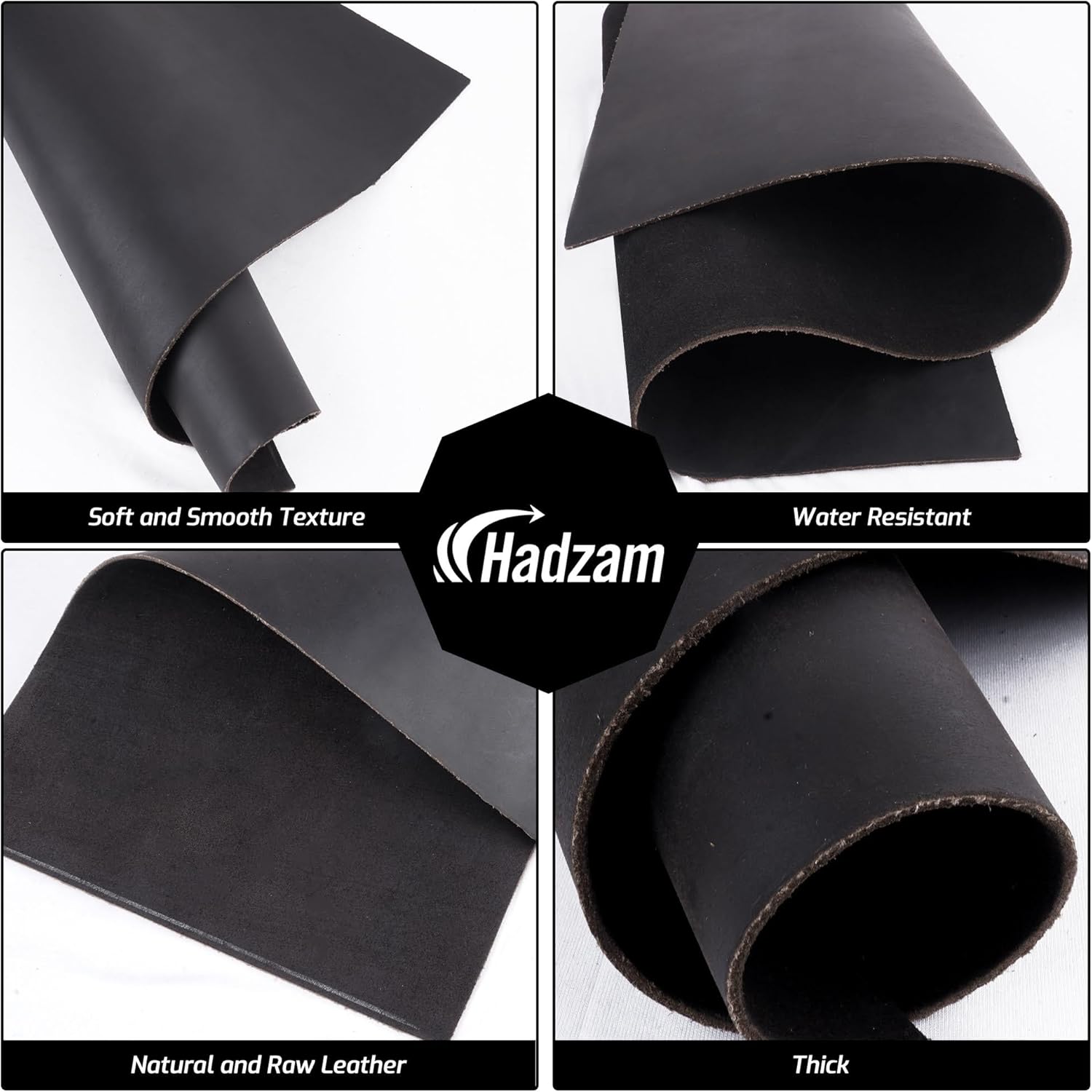 HADZAM Genuine Full Grain Cowhide Leather Sheet, 2mm Thick, Square Pieces for Crafts, Tooling Leather Material