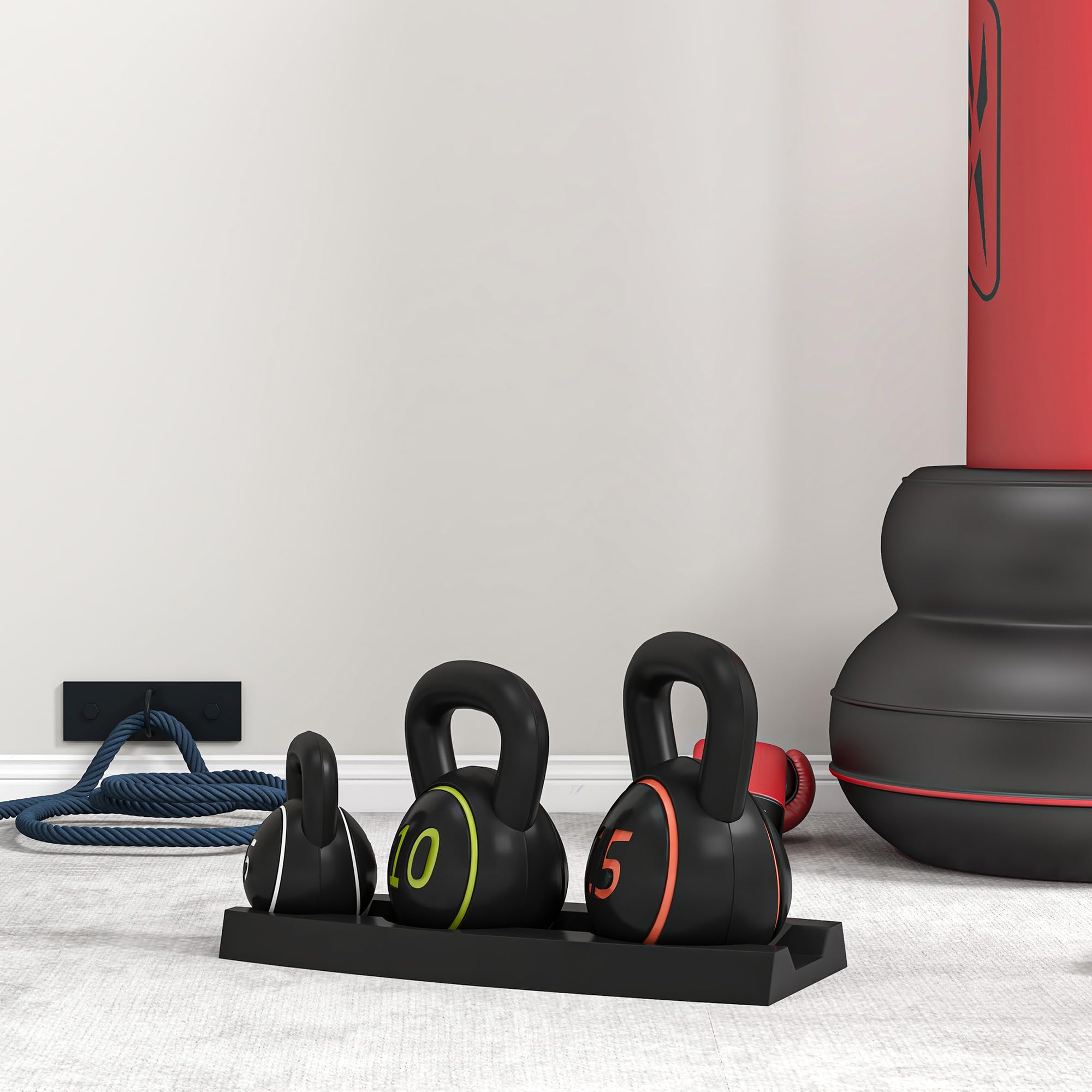 SPORTNOW Lot de 3 Kettlebells, 2,2, 4,5 et 6,8 kg, sports fitness training, grip antidérapant, avec plateau de rangement, noir