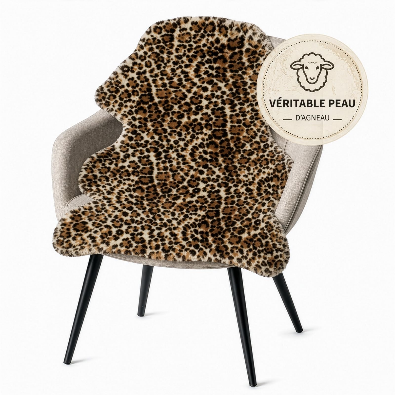KARAT Peau de Mouton Design Audrey - Véritable Peau d'agneau en 100% Laine de Mouton - Couvre-Siège Doux, Thermorégulateur et Décoratif (Leopard)