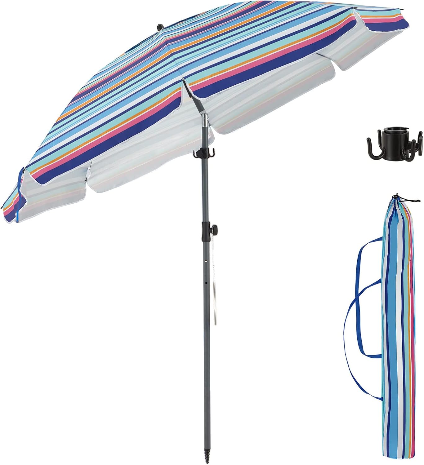 BondFree Rainbow Stripe Beach Umbrella, 7FT, UPF 50+ PU