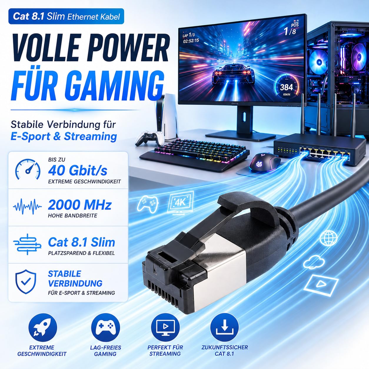 1aTTack.de 1m Cat 8.1 Lan Kabel Netzwerkkabel (10 Stück) Cat 8 Ethernet Kabel mit RJ45 Stecker Slim und dünn mit 40 Gbps Übertragungsrate Schwarz 1.0 Meter