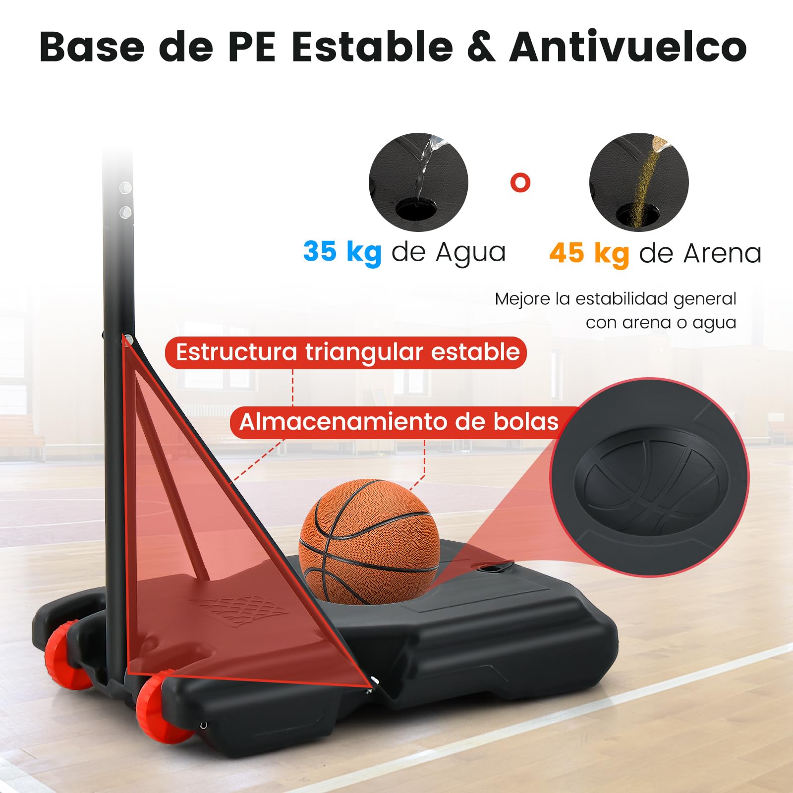 COSTWAY Canasta de Baloncesto Altura Ajustable 193-248 cm Rellenable de Arena y Agua Móvil con Ruedas Portátil PC Interior Exterior