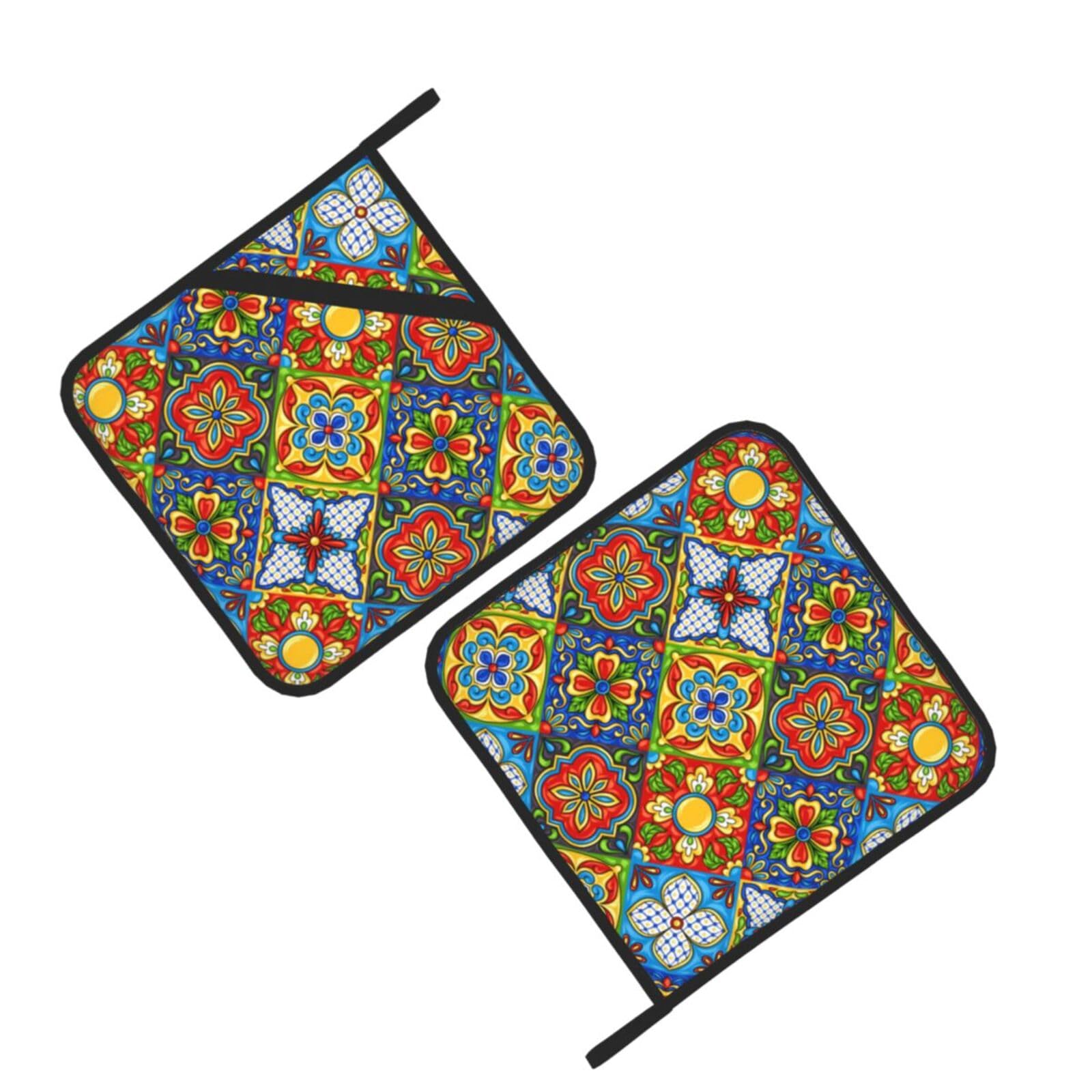 Mexican style Printed Oven Pot Holders Set of 2 Pcs Heat Resistant Kitchen Microwave Potholders for Cooking Baking Grilling