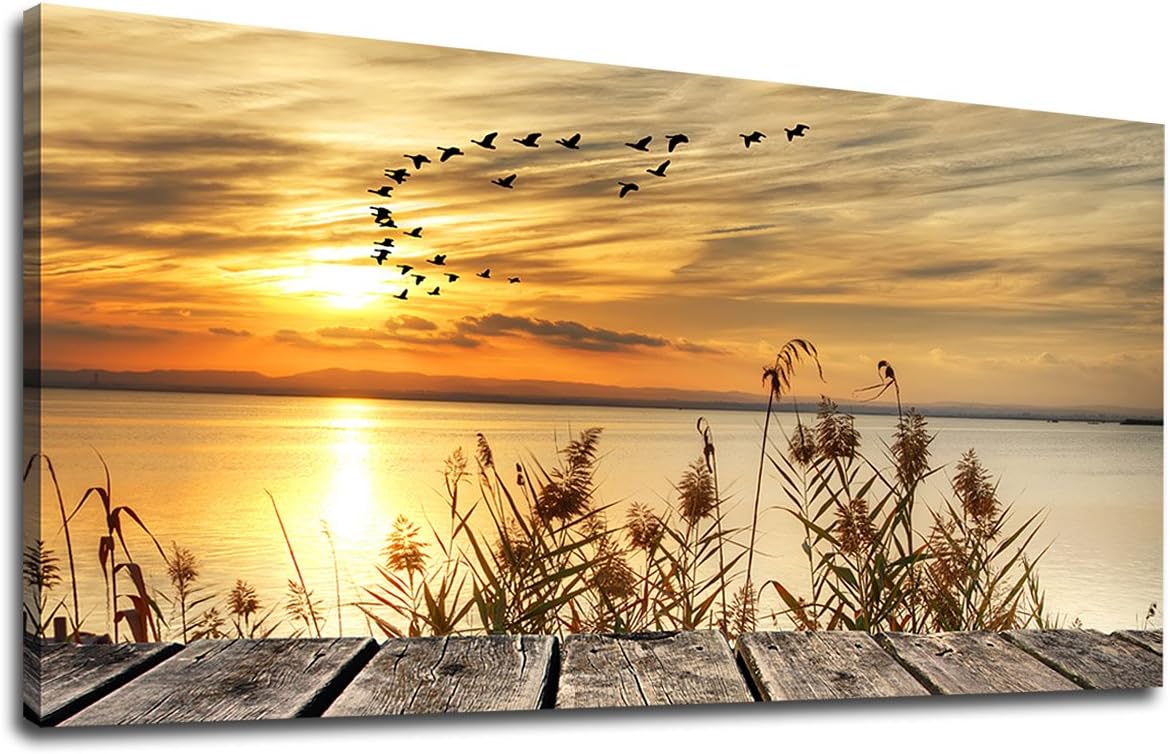 yearainnｮ Canvas Wall Art Sunset Lake Dock Fall Nature Picture 24" x 48" Old Wooden Bridge Reeds Birds Flying Shore Dusk Landscape Canvas Artwork for Bedroom Living Room Home Kitchen Office Wall Decor
