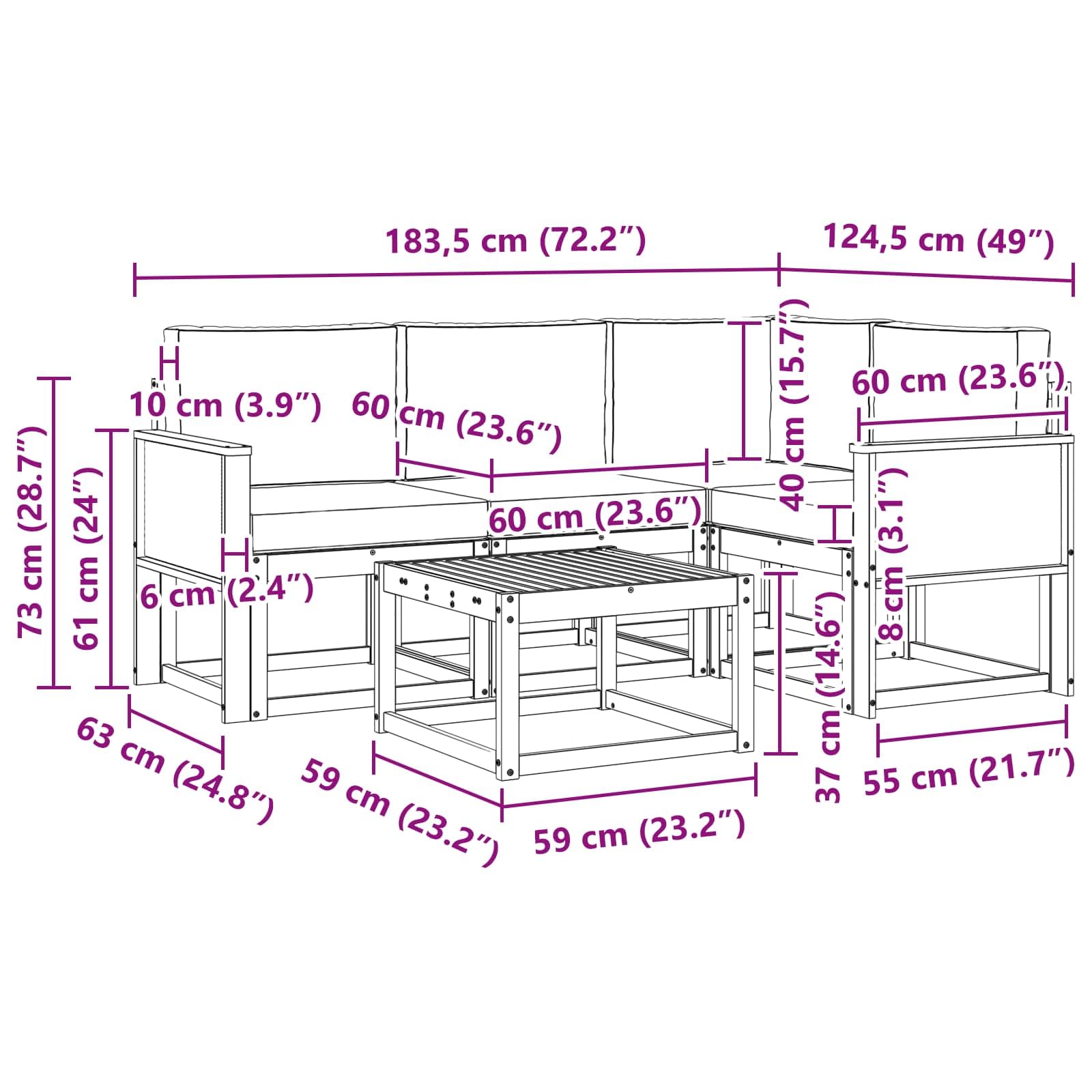 Outdoor-Sofagarnitur 5-teilig mit Kissen Natur Beige Polyester, Akazienholz Möbelset für Garten Terrasse, modulare Sitzgruppe mit Tisch und Sofas, wetterfest, komfortabel und langlebig