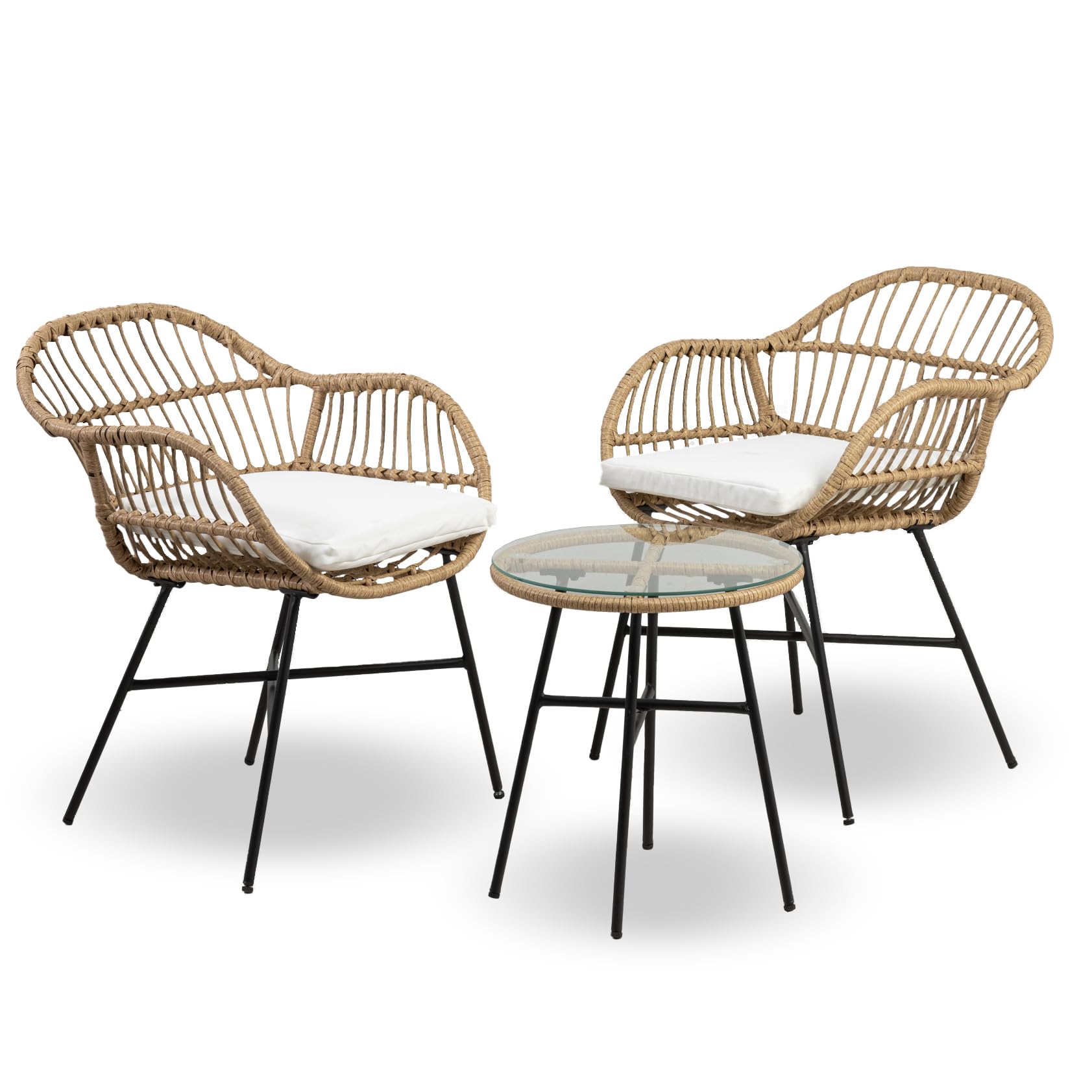 Salottino Da Esterno Set Bistrot Poltrone E Tavolino Elegante In Rattan Terrazzo Balcone Giardino Telaio In Acciaio Tavolo Salotto Con Piano In Vetro Con 2 Sedie Con Comodi Cuscini - Malang