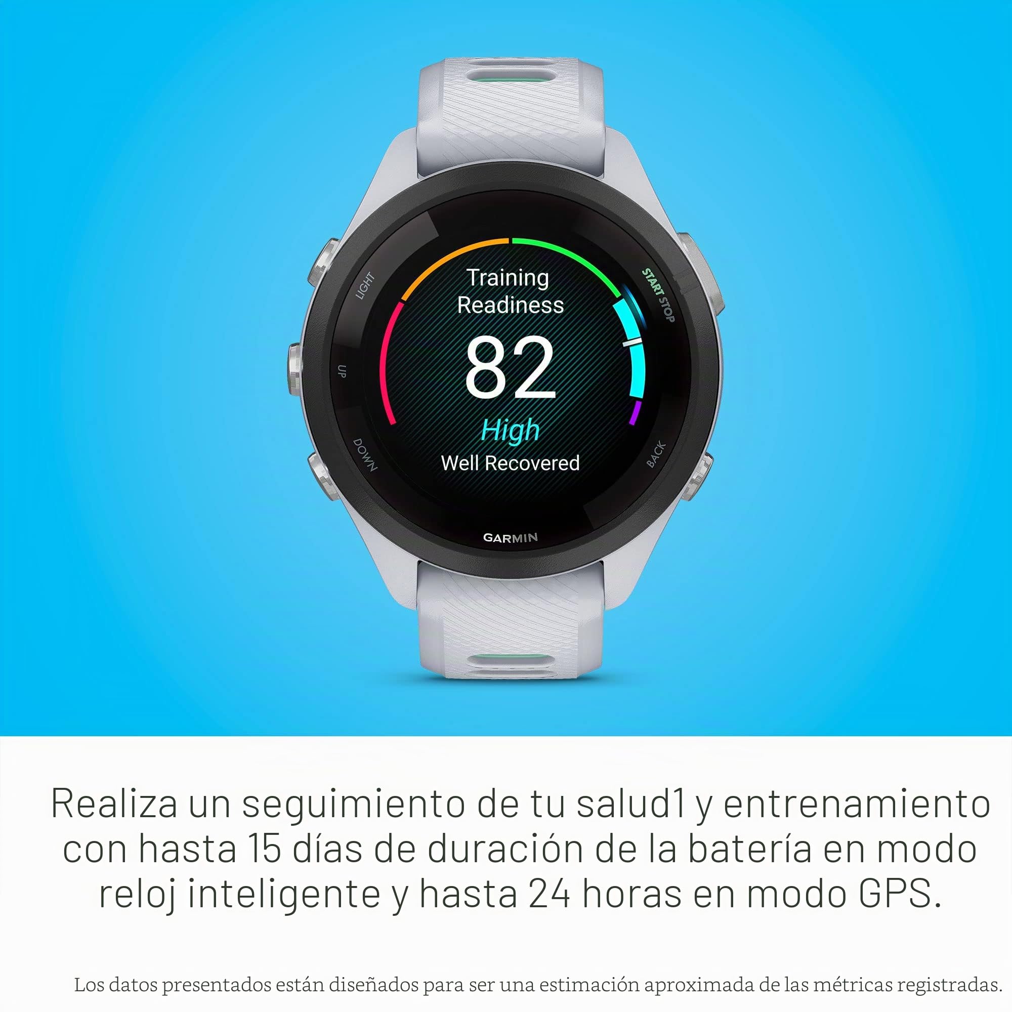Garmin Forerunner 265S Reloj Inteligente para Correr, Unisex, tamaño de 42 mm, Piedra Blanca/Neo Tropic