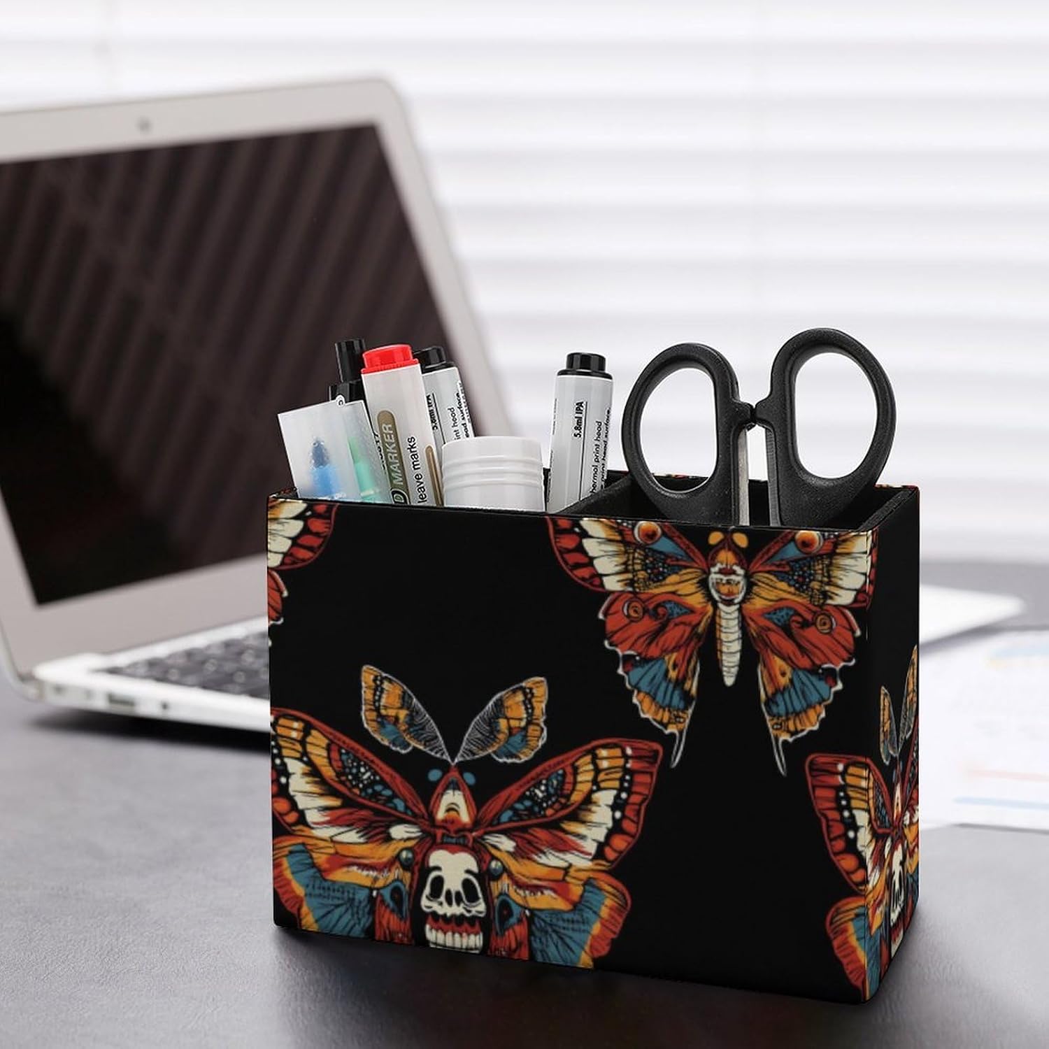 Moth Butterfly Pencil Pen Holder PU Leather Desk Storage Organizer Makeup Brush Box