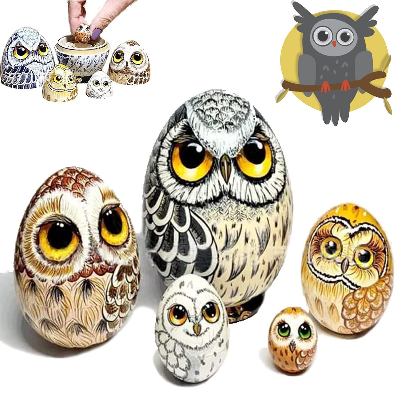 XiXiCCCC New Owl Nesting Egg,5 Pcs Owl Handmade Wooden Nesting Dolls Set,Owl Nesting Dolls.