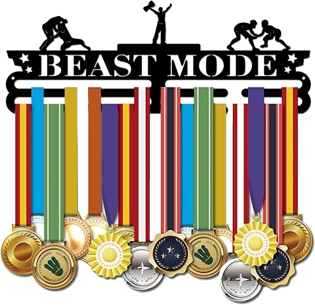 SUPERDANT Wrestling Medal Holder 60+ Medals Display Motivating Word BEAST MODE Black Iron Wall Mounted Hooks for Competition Medal Holder Display Wall Hanging 40x15cm