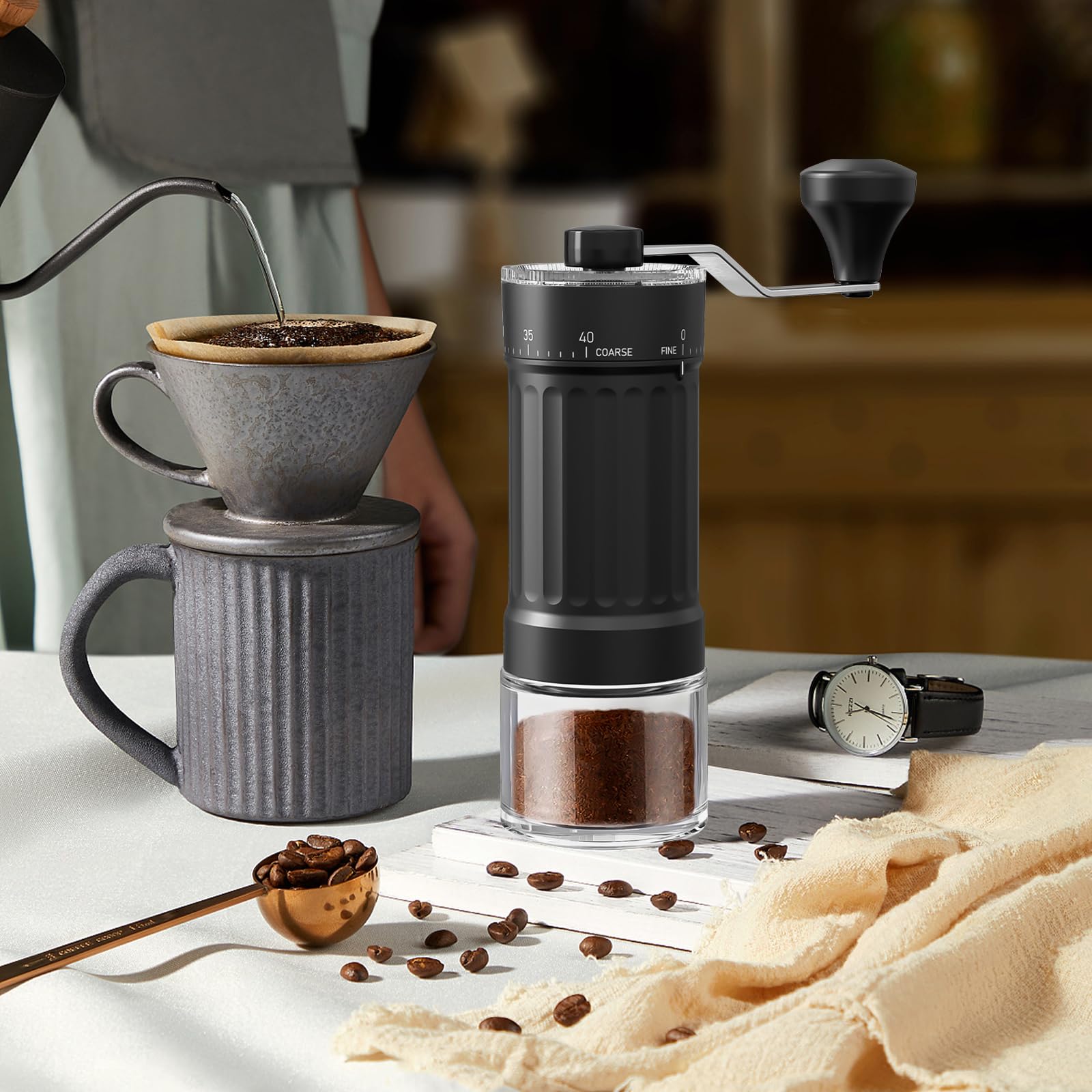 Ręczny młynek do kawy, zewnętrzny, regulowany ręczny młynek do kawy, regulowany stopień mielenia od grubego do drobnego, ręczny młynek do French Press, dzbanek Moka, aeropress, podróż, kemping