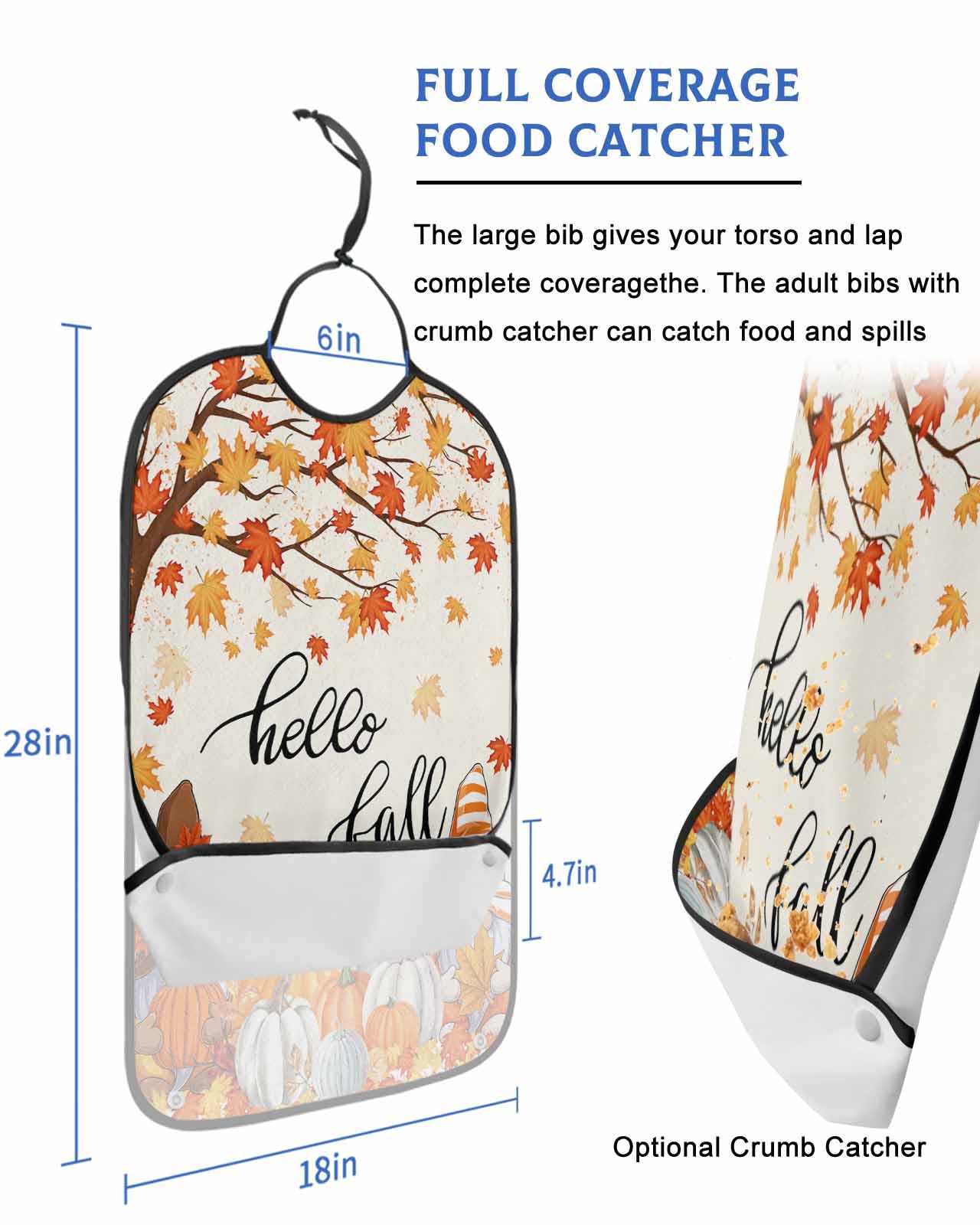 LEOKOTI Hello Fall Gnomes Adult Bibs for Eating, Waterproof Bibs with Food Catcher & Adjustable Snap Closure, Orange Pumpkins Thanksgiving Orange Washable Clothing Protectors Adult Bibs for Elderly