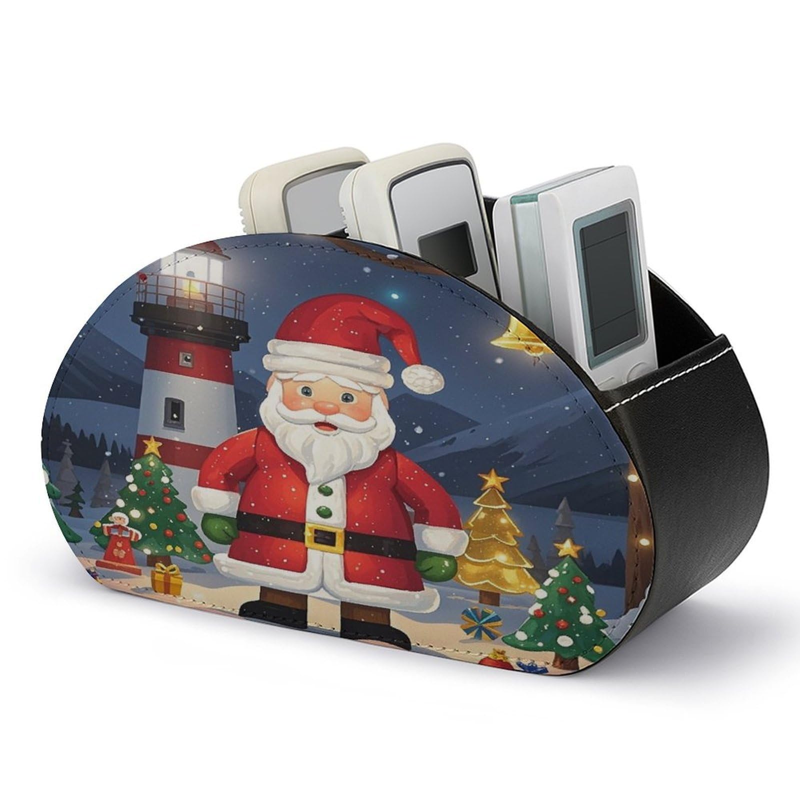 FekiLoot Lighthouse Santa TV Remote Control Holder with 5 Compartments Multi-functional Leather Bedside Table Remote Caddy Desktop Storage Box for Store Pen Controller Media Player Cosmetic